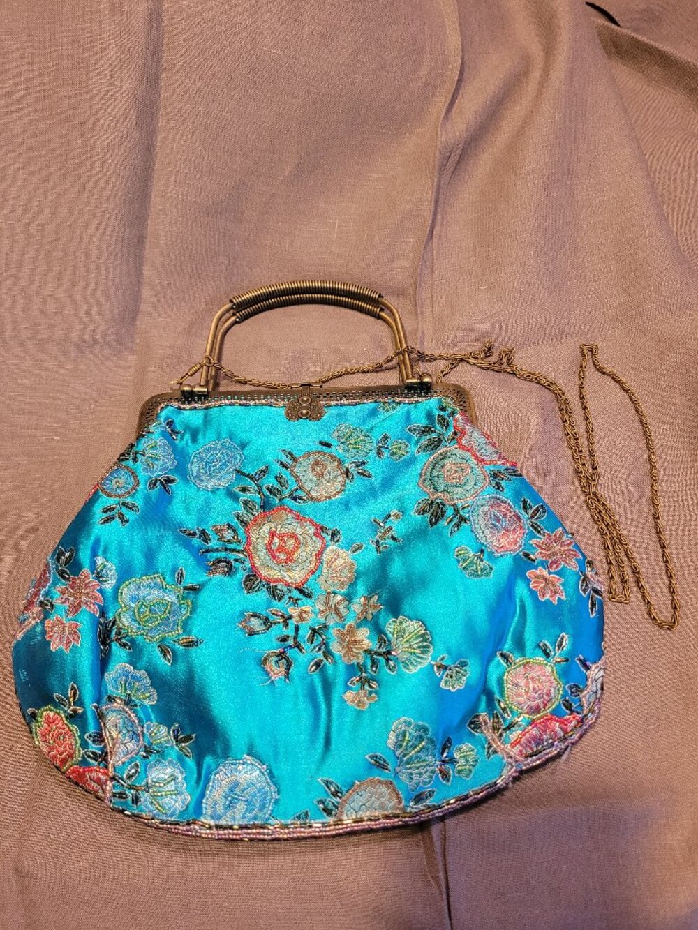 Vintage Art Deco Floral Teal Beaded Purse with Metal Handle and Long Chain
